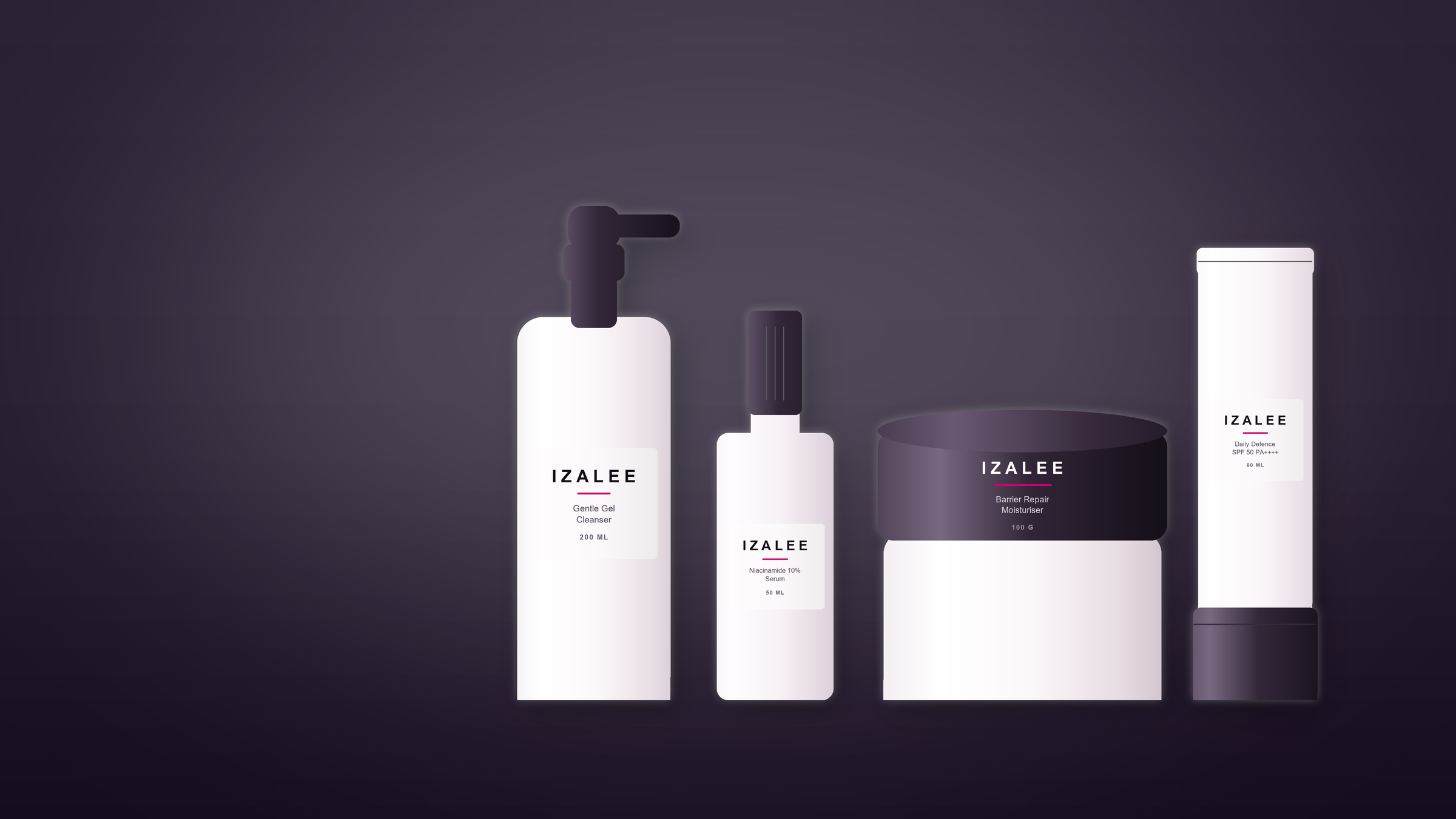 Izalee products in a row: the cleanser, the serum, the moisturiser and the sunscreen